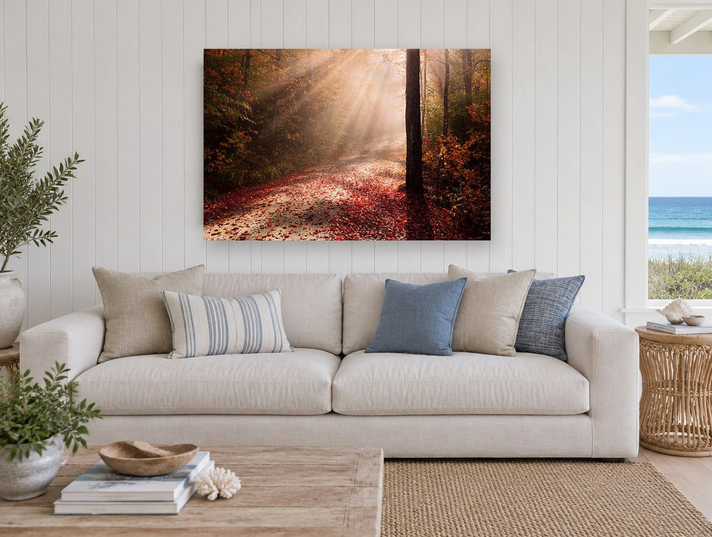 Autumn Light Rays landscape canvas print on the wall of a beach house living room