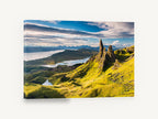 Storr Pinnacle Light, rocky pinnacle highland lochs photograph, coastal canvas wall art print ready to hang