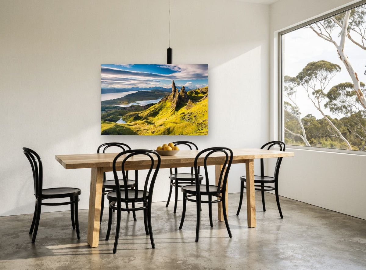 Storr Pinnacle Light coastal canvas print on the wall of a dining room