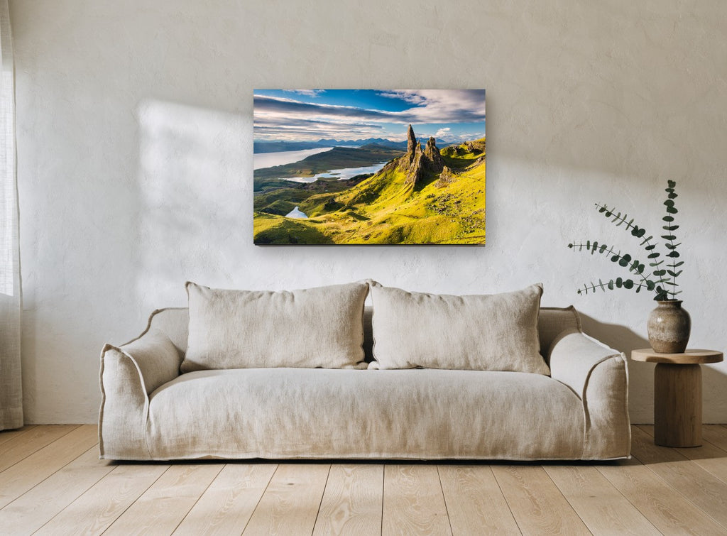 Storr Pinnacle Light coastal canvas print on the wall of a living room