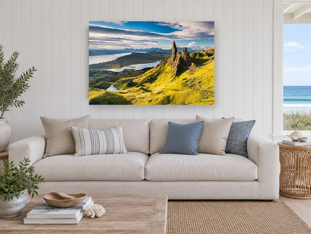 Storr Pinnacle Light coastal canvas print on the wall of a beach house living room