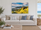 Storr Pinnacle Light coastal canvas print on the wall of a beach house living room