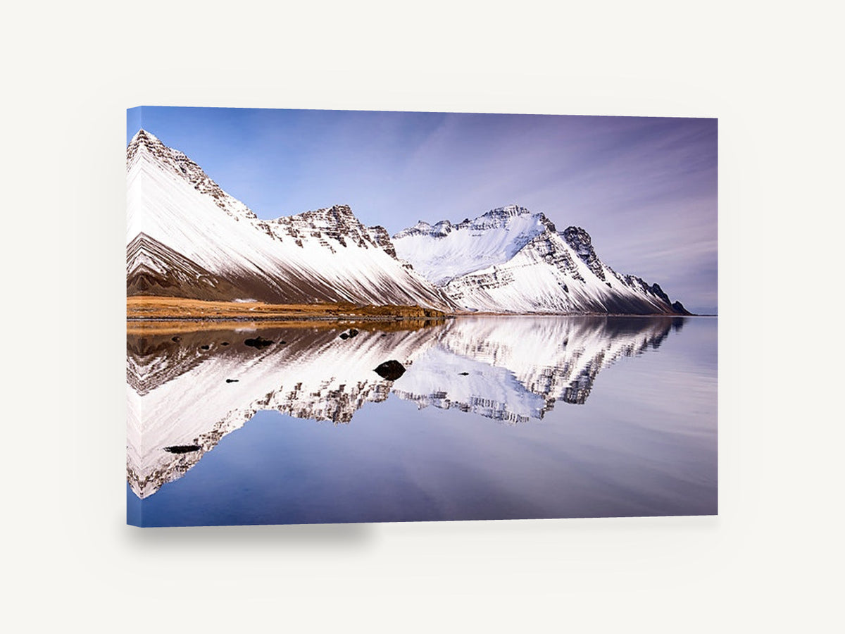 Still Water Ridge, snowy mountain lake reflection photograph, landscape canvas wall art print ready to hang
