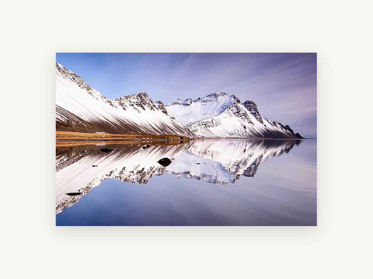 Still Water Ridge, snowy mountain lake reflection photograph, landscape canvas wall art print, front view