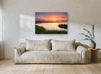 Marsh Tide Sunset coastal canvas print on the wall of a living room