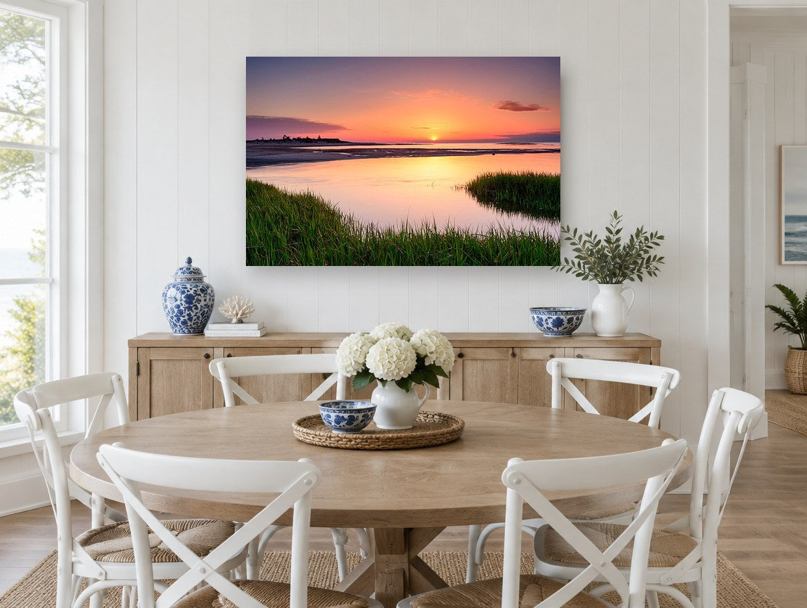 Marsh Tide Sunset coastal canvas print on the wall of a Hamptons dining room