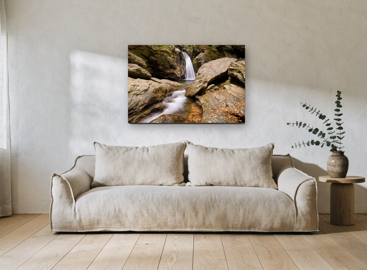Autumn Falls Gorge landscape canvas print on the wall of a living room