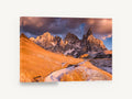 Amber Peaks Road, golden alpine peaks mountain photograph, landscape canvas wall art print ready to hang
