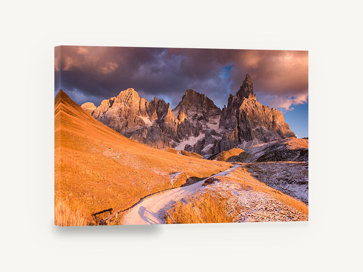 Amber Peaks Road, golden alpine peaks mountain photograph, landscape canvas wall art print ready to hang