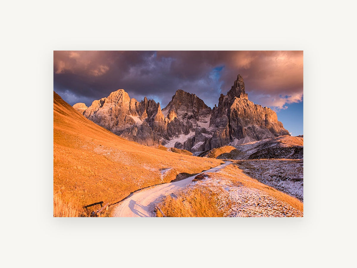 Amber Peaks Road, golden alpine peaks mountain photograph, landscape canvas wall art print, front view
