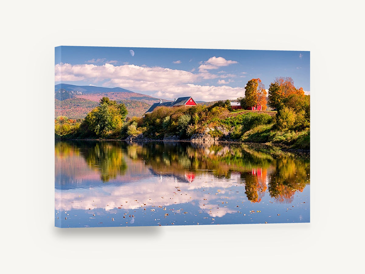 Red Barn Autumn Reflection, autumn lake red barn photograph, landscape canvas wall art print ready to hang