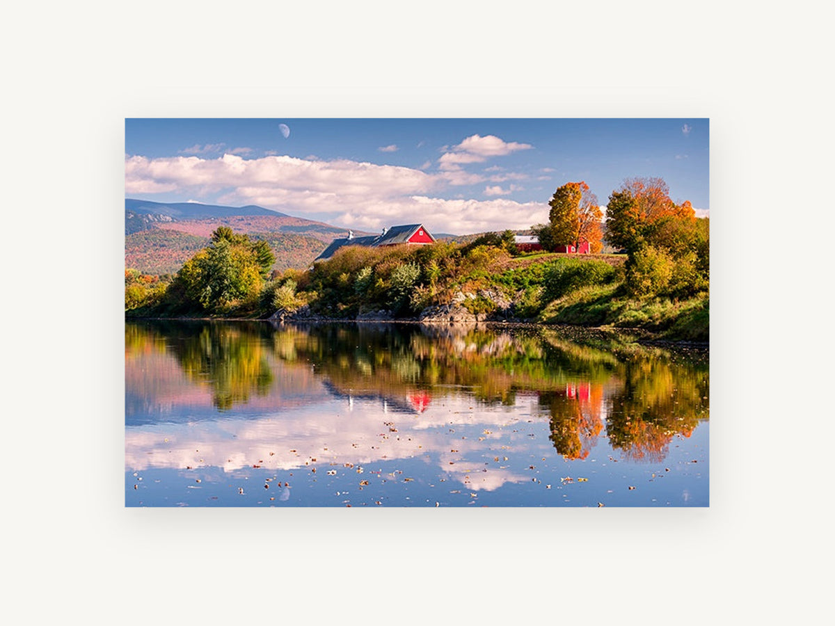 Red Barn Autumn Reflection, autumn lake red barn photograph, landscape canvas wall art print, front view