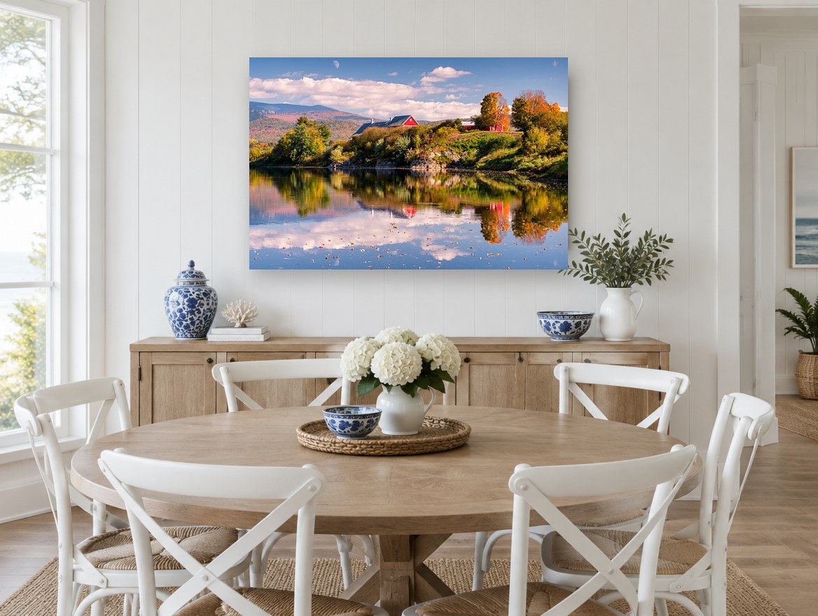 Red Barn Autumn Reflection landscape canvas print on the wall of a Hamptons dining room