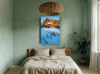 Frozen Mill Pond landscape canvas print on the wall of a bedroom