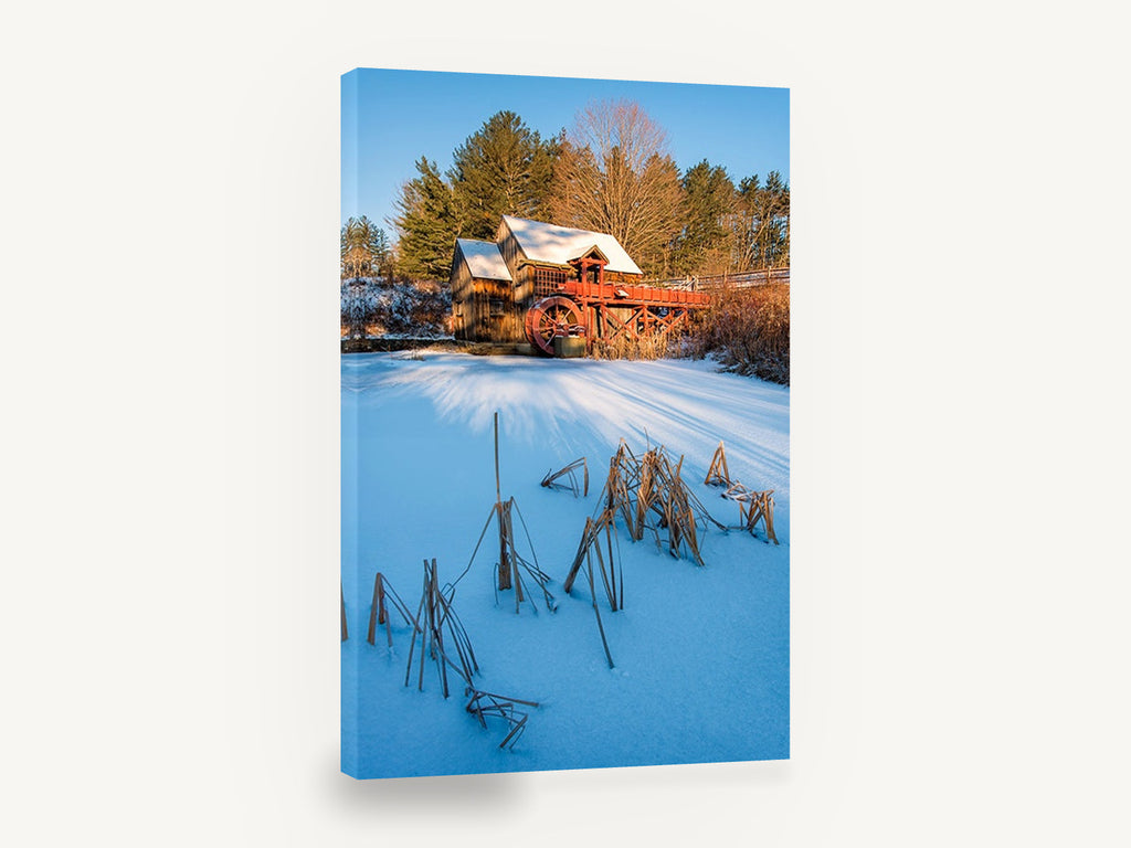 Frozen Mill Pond, snowy mill pond winter photograph, landscape canvas wall art print ready to hang
