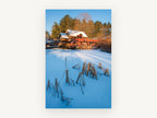 Frozen Mill Pond, snowy mill pond winter photograph, landscape canvas wall art print, front view