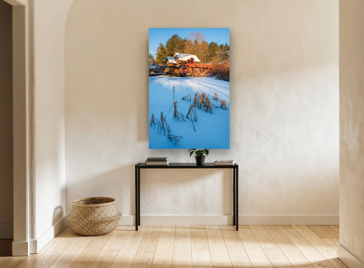 Frozen Mill Pond landscape canvas print on the wall of a hallway