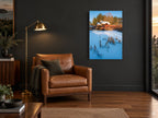 Frozen Mill Pond landscape canvas print on the wall of a charcoal living room