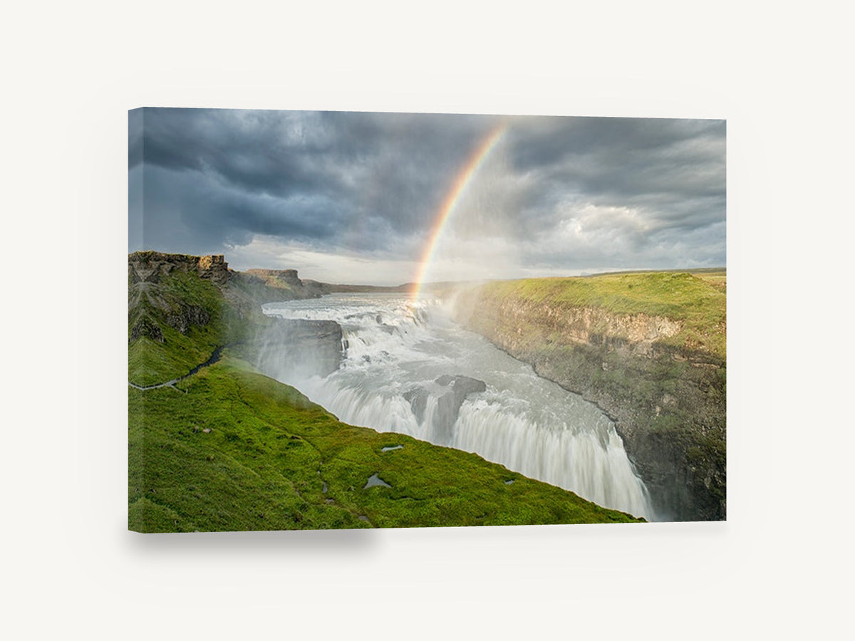Rainbow Over the Falls, rainbow over waterfall canyon photograph, landscape canvas wall art print ready to hang