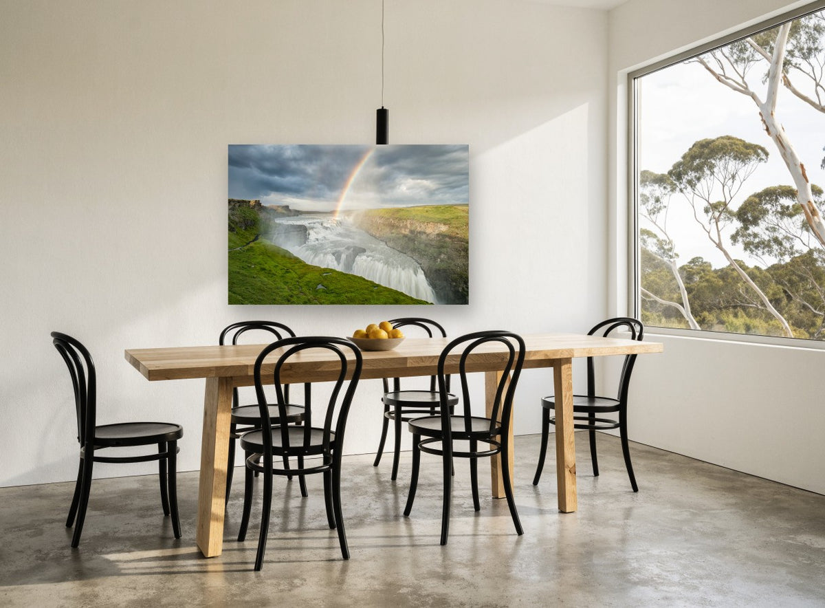 Rainbow Over the Falls landscape canvas print on the wall of a dining room
