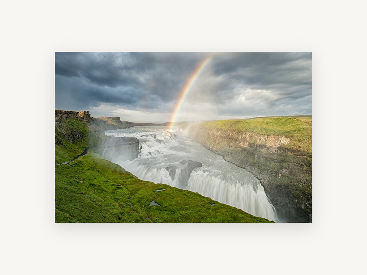 Rainbow Over the Falls, rainbow over waterfall canyon photograph, landscape canvas wall art print, front view