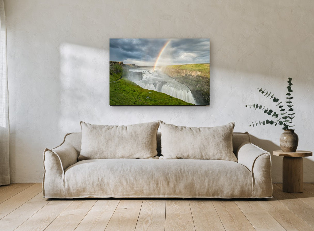 Rainbow Over the Falls landscape canvas print on the wall of a living room