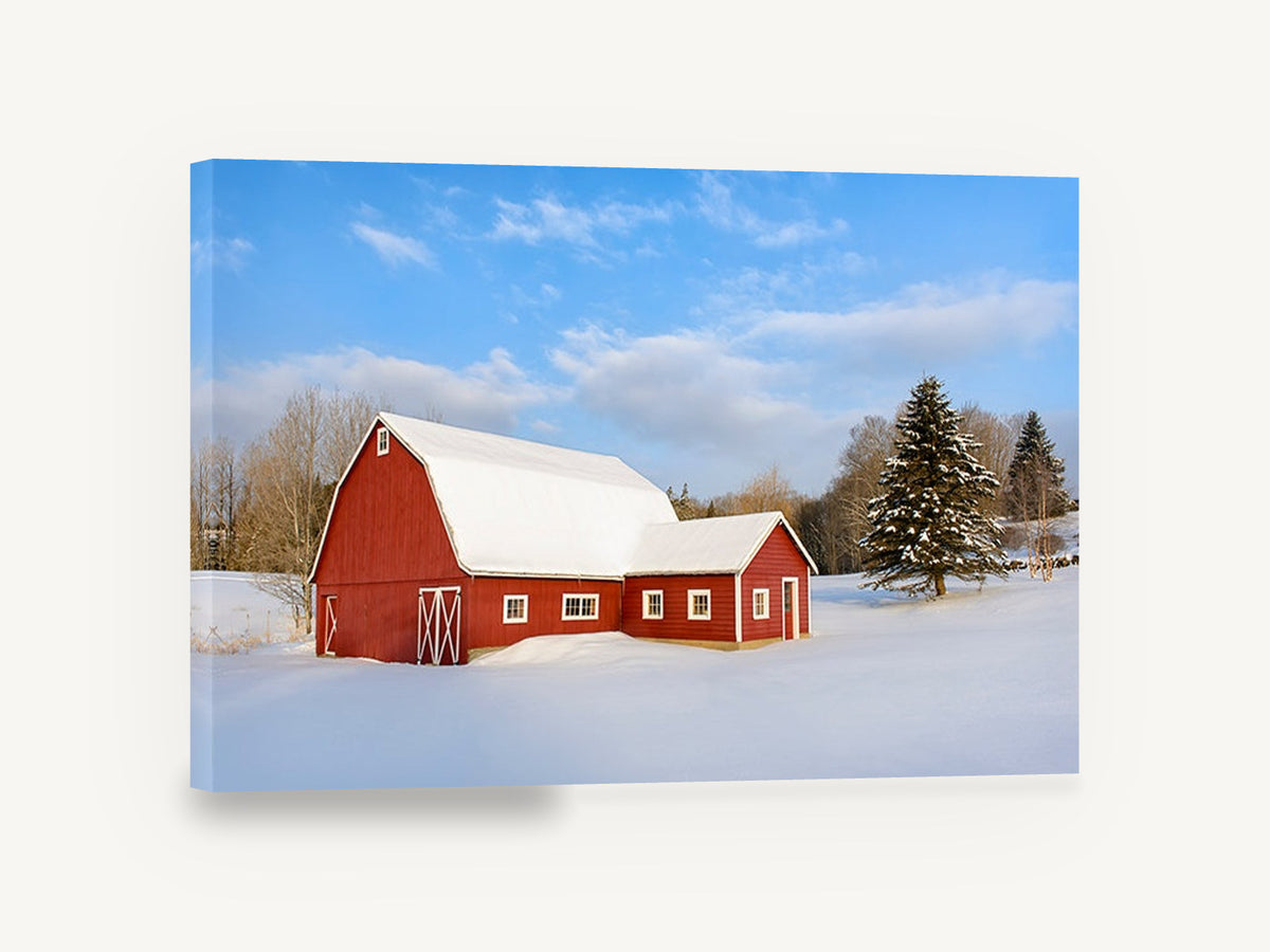 Red Barn Winter Light, red barn in snow photograph, landscape canvas wall art print ready to hang