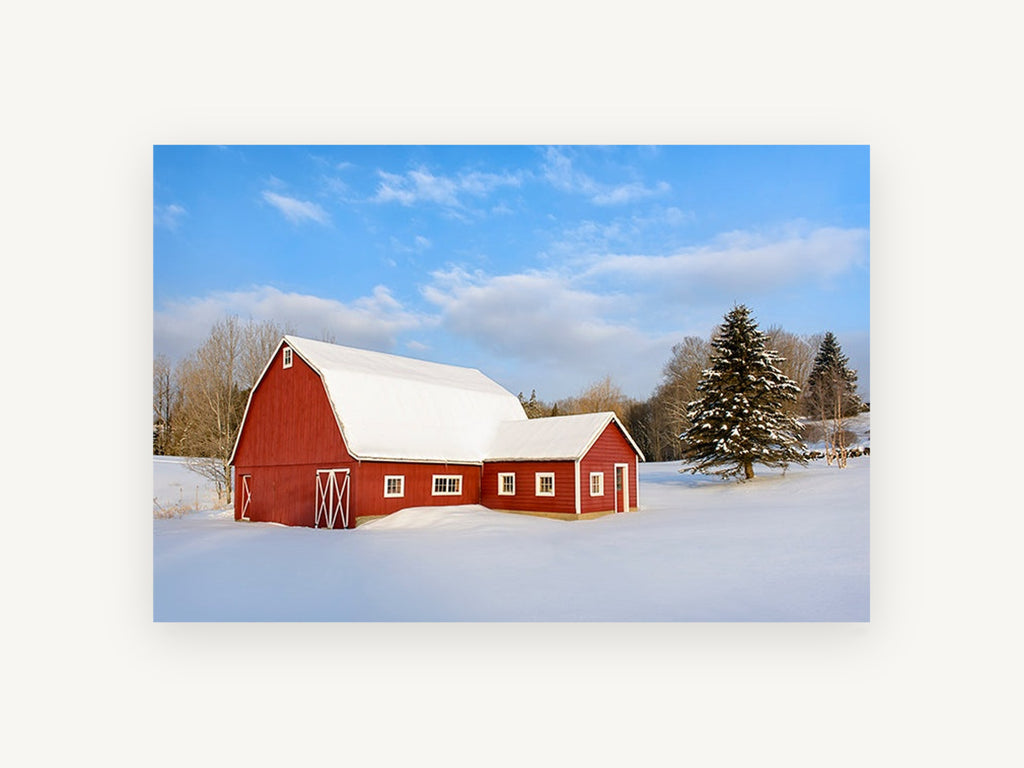 Red Barn Winter Light, red barn in snow photograph, landscape canvas wall art print, front view