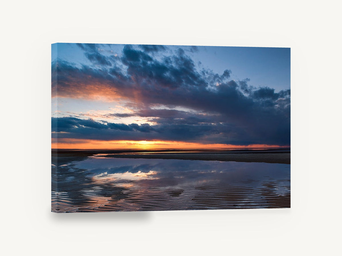 Dusk Over Tidal Flats, sunset tidal pool beach photograph, coastal canvas wall art print ready to hang
