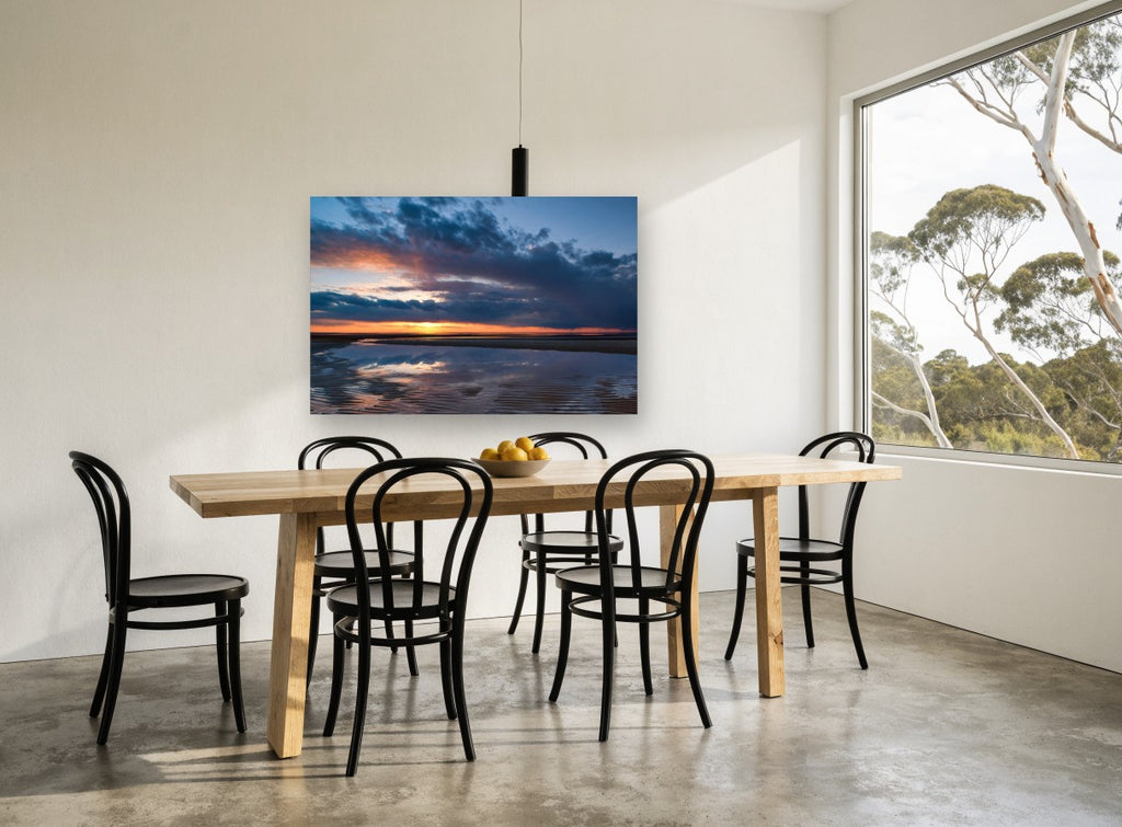Dusk Over Tidal Flats coastal canvas print on the wall of a dining room