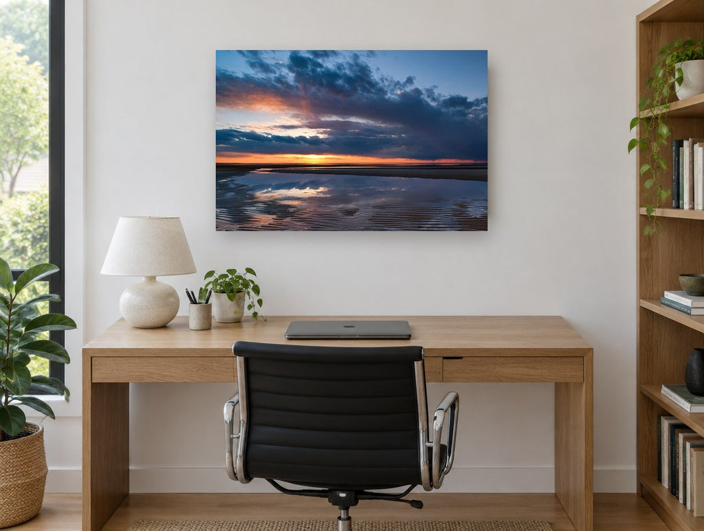 Dusk Over Tidal Flats coastal canvas print on the wall of a study