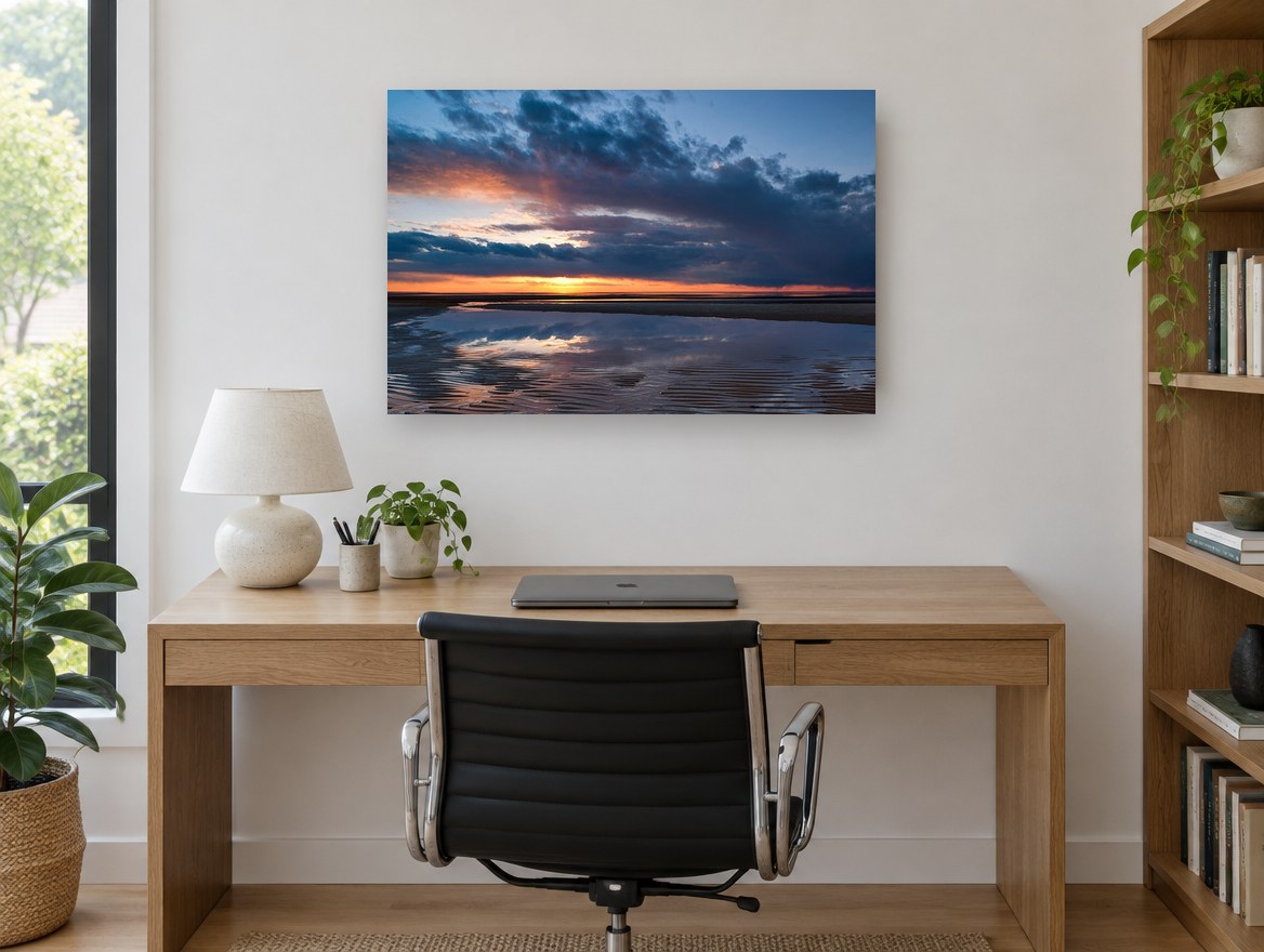 Dusk Over Tidal Flats coastal canvas print on the wall of a study