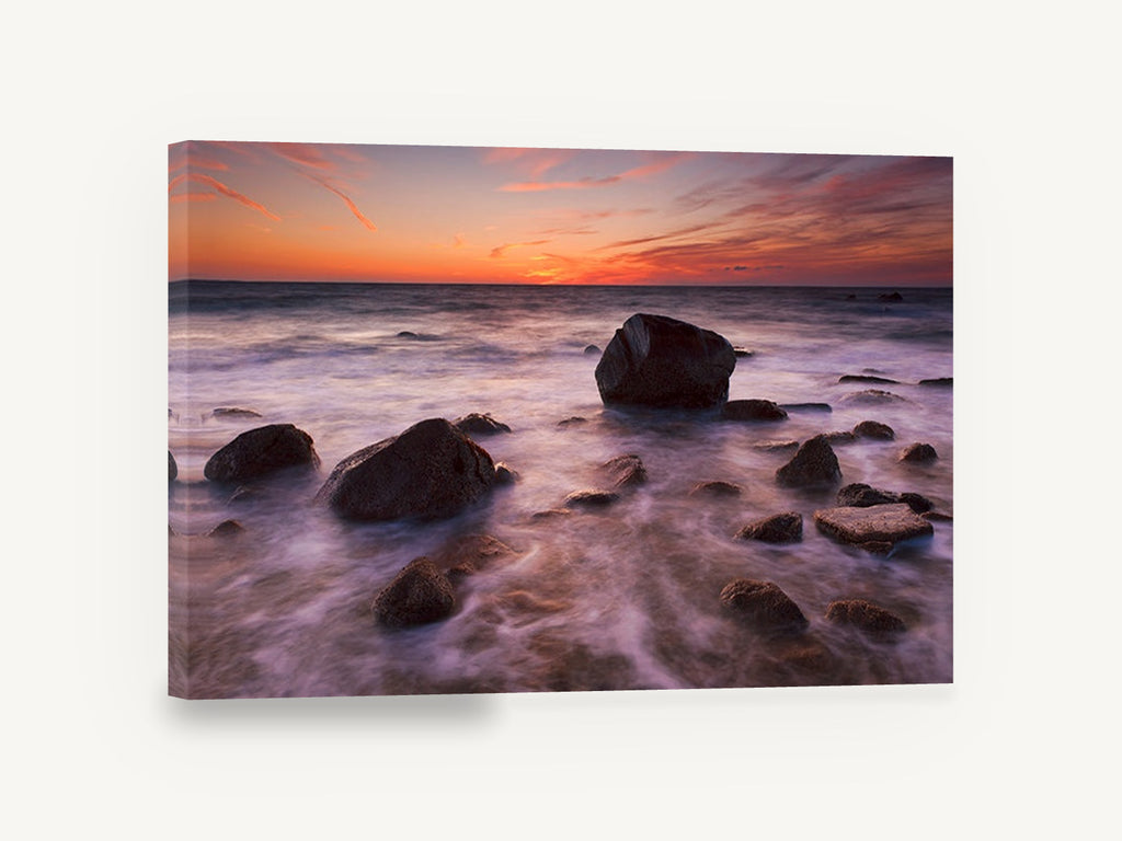 Silken Dusk Boulders, sunset rocks silky water photograph, coastal canvas wall art print ready to hang