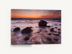 Silken Dusk Boulders, sunset rocks silky water photograph, coastal canvas wall art print ready to hang