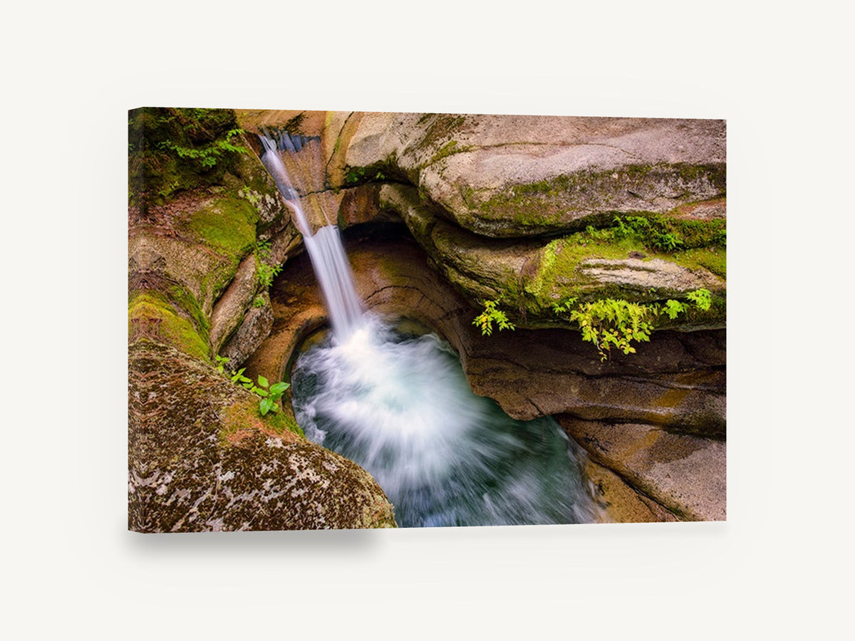 Mossy Rock Punchbowl, waterfall rock pool nature photograph, landscape canvas wall art print ready to hang