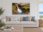 Mossy Rock Punchbowl landscape canvas print on the wall of a beach house living room