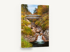 Autumn Gorge Crossing, covered bridge autumn waterfall photograph, landscape canvas wall art print ready to hang