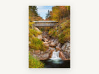 Autumn Gorge Crossing, covered bridge autumn waterfall photograph, landscape canvas wall art print, front view