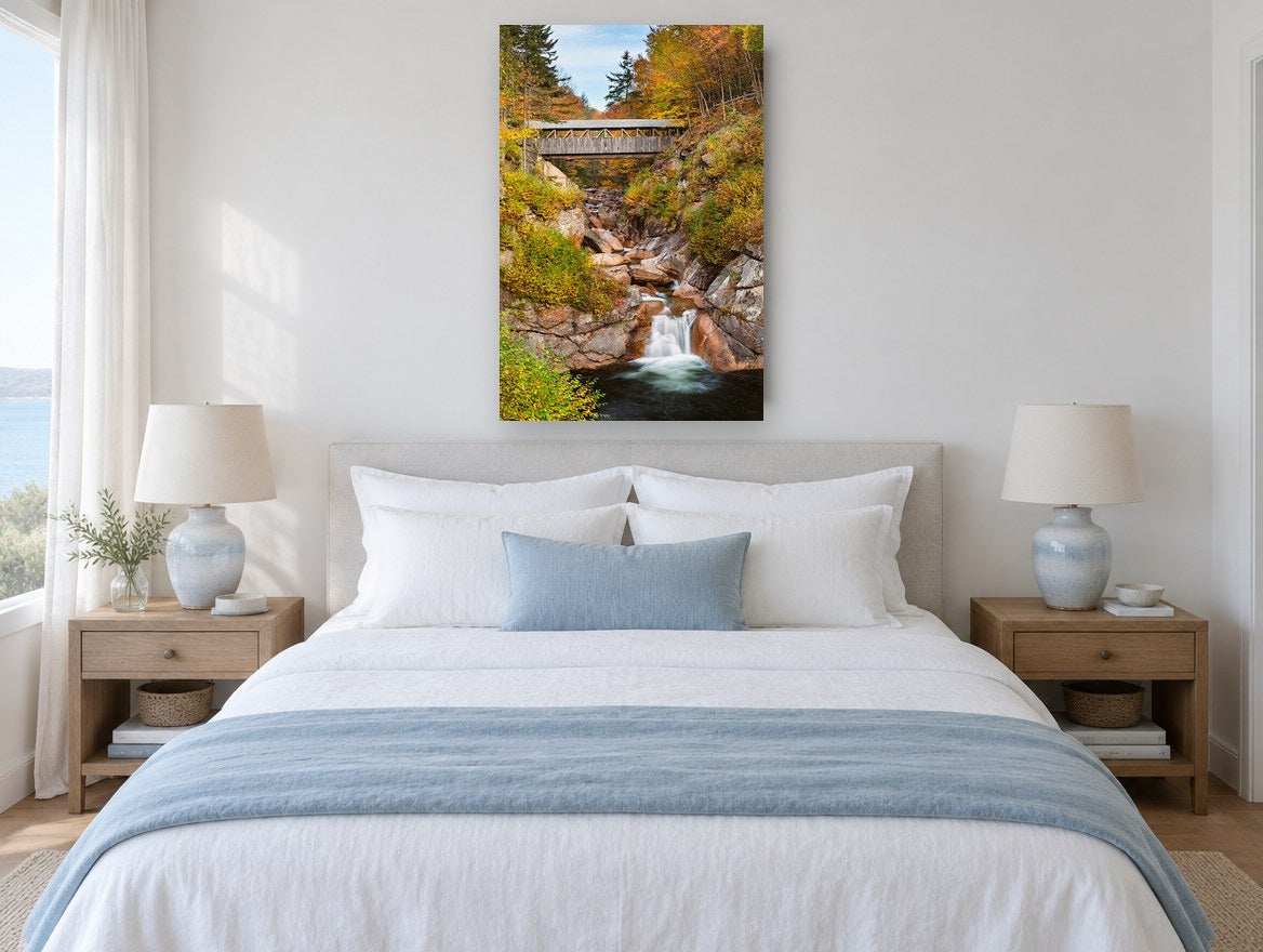 Autumn Gorge Crossing landscape canvas print on the wall of a bedroom