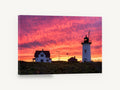 Lighthouse Sky Ablaze, lighthouse sunset sky photograph, landscape canvas wall art print ready to hang