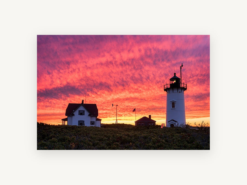 Lighthouse Sky Ablaze, lighthouse sunset sky photograph, landscape canvas wall art print, front view