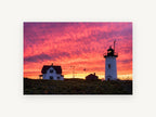 Lighthouse Sky Ablaze, lighthouse sunset sky photograph, landscape canvas wall art print, front view