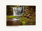 Mossy Ledge Falls, silky waterfall mossy rock photograph, landscape canvas wall art print ready to hang
