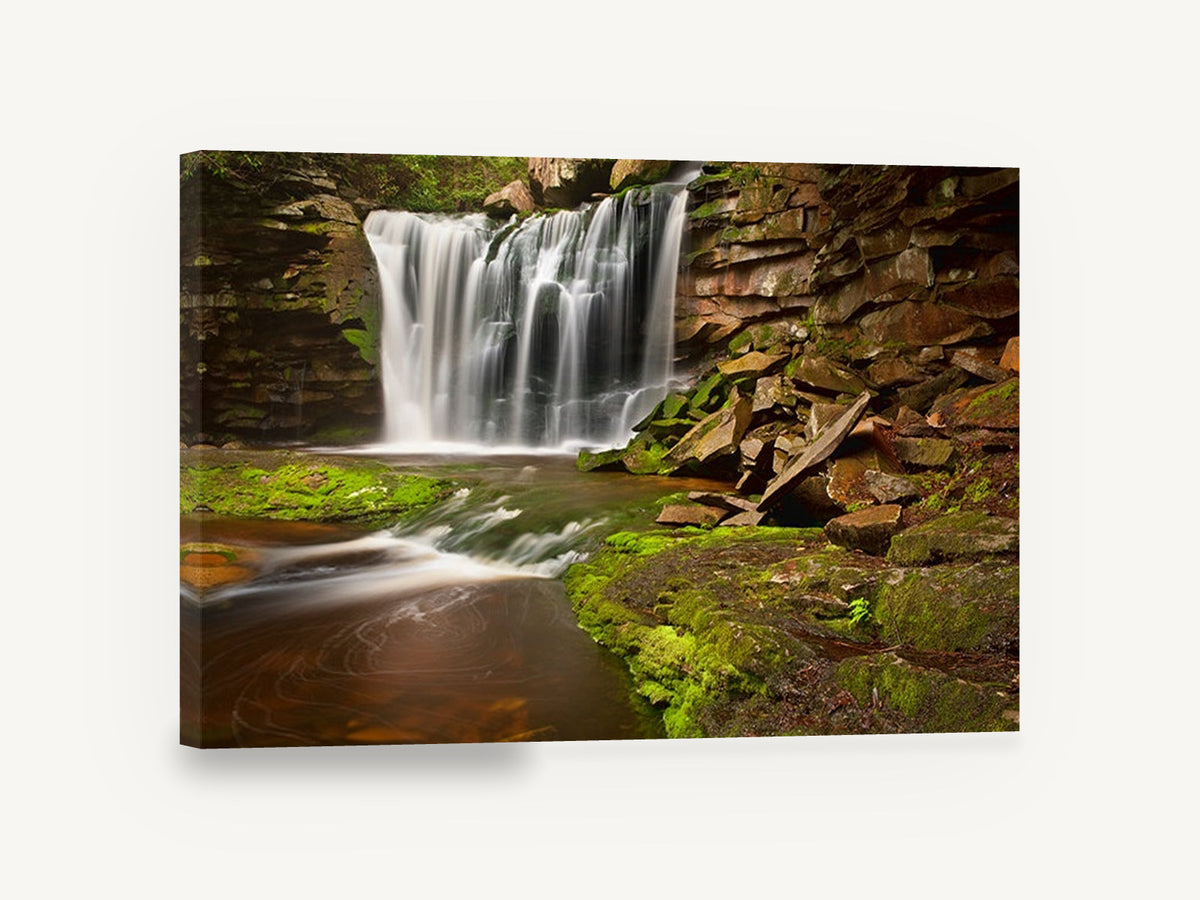 Mossy Ledge Falls, silky waterfall mossy rock photograph, landscape canvas wall art print ready to hang