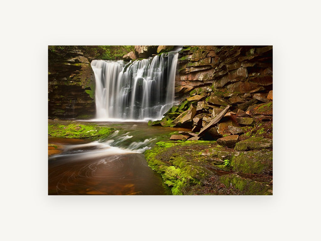 Mossy Ledge Falls, silky waterfall mossy rock photograph, landscape canvas wall art print, front view