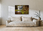 Mossy Ledge Falls landscape canvas print on the wall of a living room