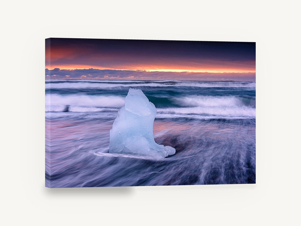 Ice Block at Dusk, ice block sunset seascape photograph, coastal canvas wall art print ready to hang
