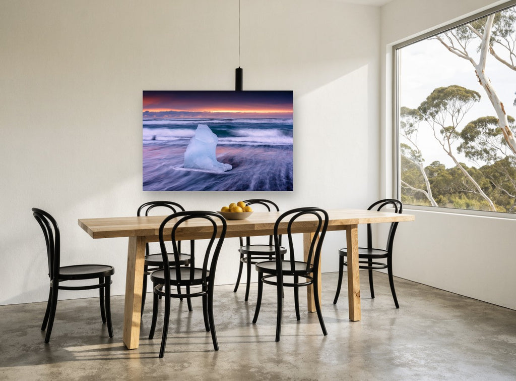 Ice Block at Dusk coastal canvas print on the wall of a dining room