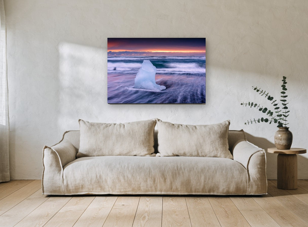 Ice Block at Dusk coastal canvas print on the wall of a living room