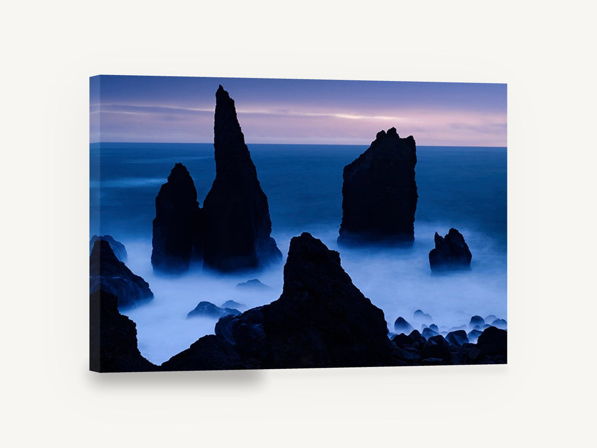 Blue Hour Sea Stacks, sea stacks blue hour seascape photograph, coastal canvas wall art print ready to hang